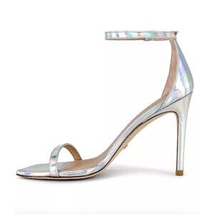 Brand New Stuart Weitzman Nudistcurve 100 Strap Sandal in Iridescent Silver 8.5